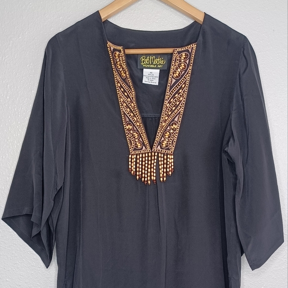 Bob Mackie 100% Silk Wooden Beaded Embellished Neck Aztec Boho XS Blouse - Picture 3 of 13